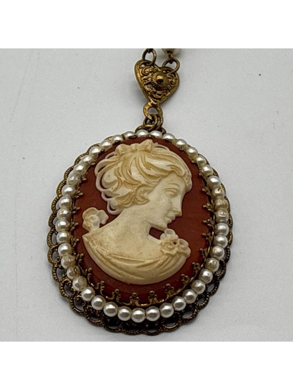 Antique W Germany Cameo With Ornate Chain Brass Pendant Pearl Chain